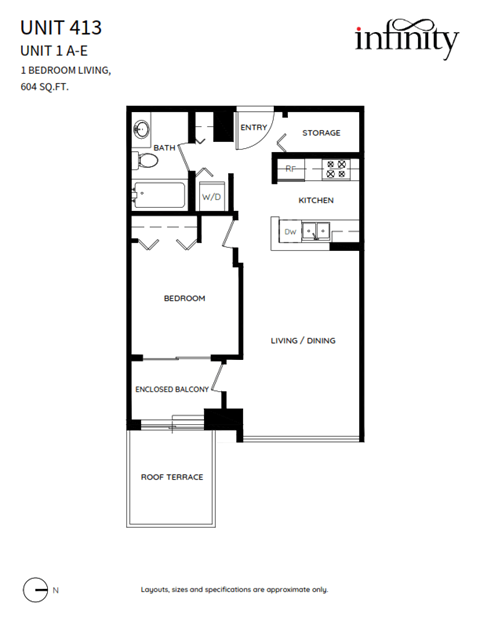 Floor plan for 1 bed, 1 bath
